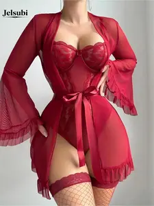 Jelsubi Women's 3 Piece Christmas Robe Lingerie Set Floral Lace Teddy Bodysuit with Belt Robe,sneaky lingerie see-through floral lace mesh lingerie sexy lingerie set Lace Lingerie Set
