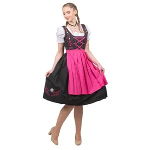 Traditional German Oktoberfest 3 Piece Black Dirndl Dress Set with Pink Apron and Traditional White Crop Top Blouse