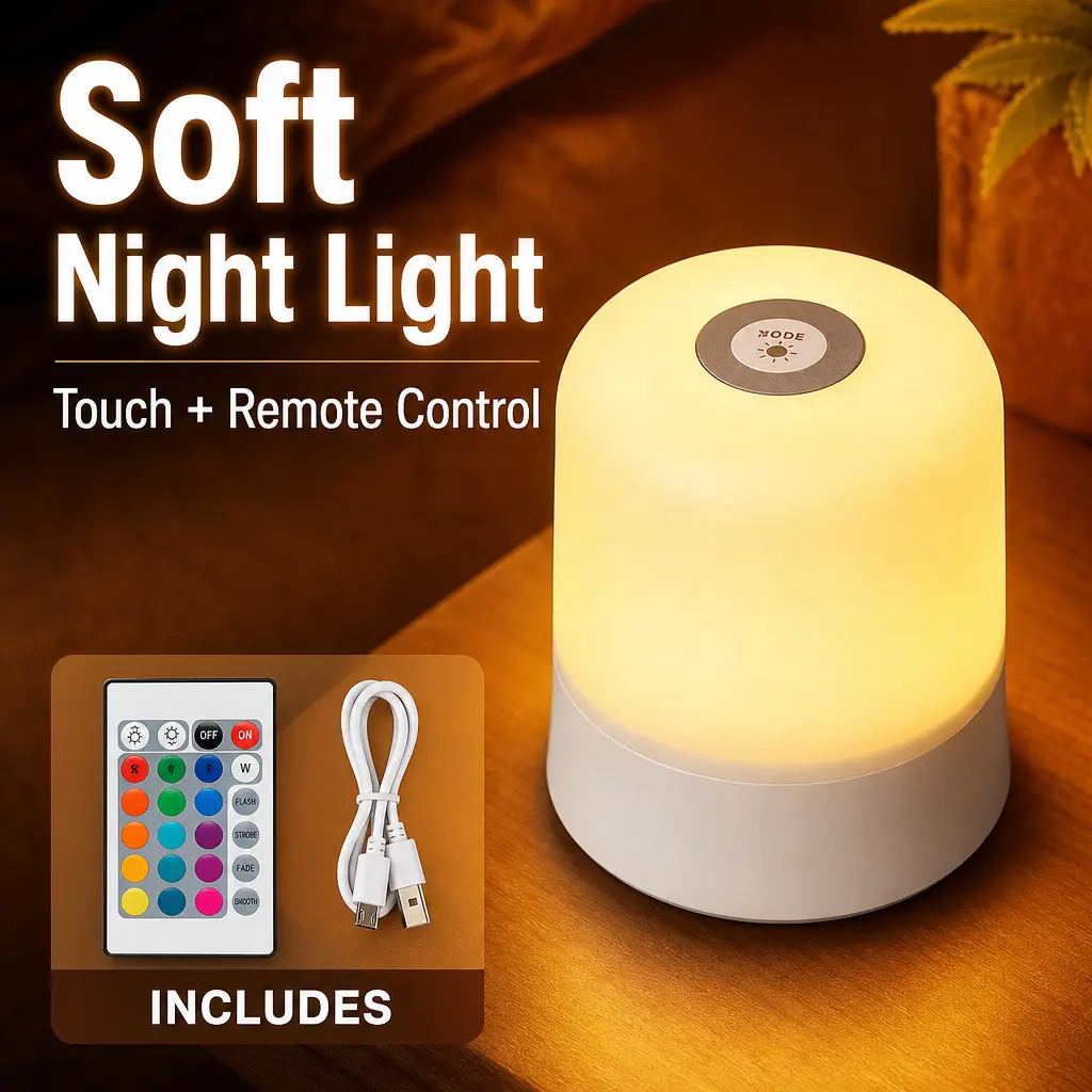RGB Touch Control Night Light with Remote, USB Rechargeable Dimmable LED Bedside Lamp, Color Changing Portable Mood Lamp for Bedroom Nursery Decor