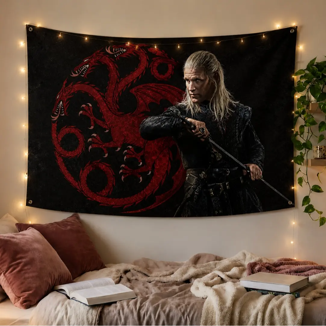 HOTD Daemon Targaryen 'The Rogue Prince' Wall Tapestry - Epic House Targaryen Three-Headed Dragon Sigil Art - Large Fabric Banner for Game of Thrones Fan Bedroom Decor