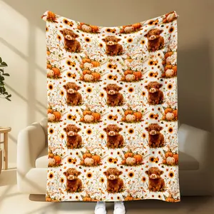 Highland Cow & Pumpkin Patch Blanket, Super Soft Cozy Throw for Couch Bed, Cute Autumn Sunflower Cows, Fall Vibes Only