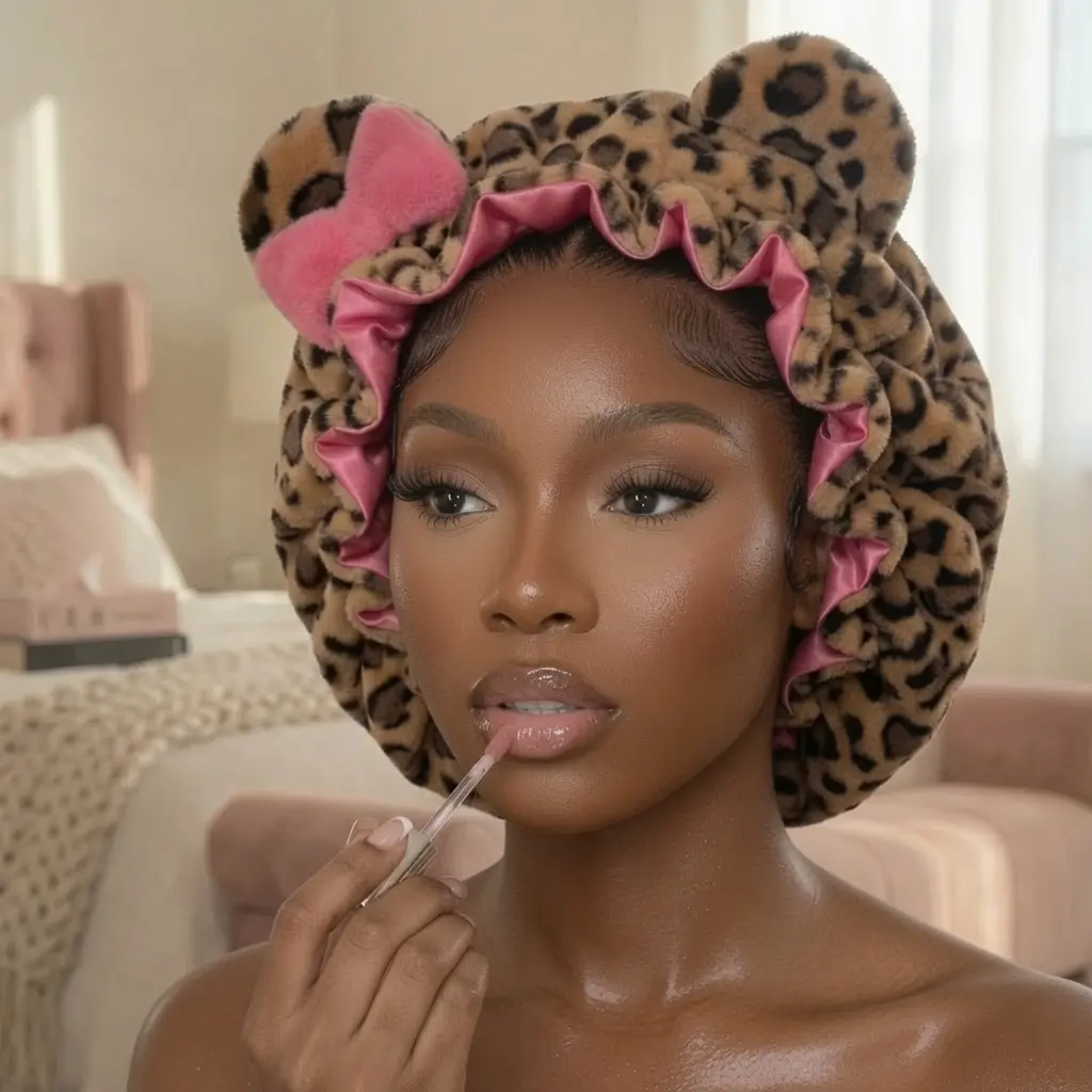 Women's Luxury Teddy Material Heatless Hair Bonnet - Leopard Print Pink Sleep Wrap for Haircare, Styling, Ideal Women's Gifts, Leopard Print Stuff