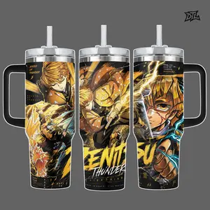 Zenitsu Agatsuma Demon Slayer 40oz Tumbler with Handle | Kimetsu no Yaiba Anime Thunder Breathing Insulated Stainless Steel Cup | God Speed Lightning Merch | Large Manga Water Bottle
