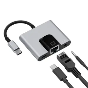 Type-C to Rj45 Ethernet Adapter, Gigabit Speed USB Charging + 3.5mm Headphone Jack, Aluminum Alloy Material, Supports Voice Calls