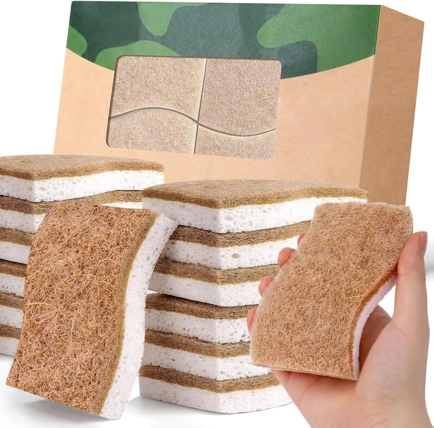 12Pack Natural Kitchen Sponge, Biodegradable Cellulose and Coconut Scrubber, Eco Friendly Sponges for Dishes