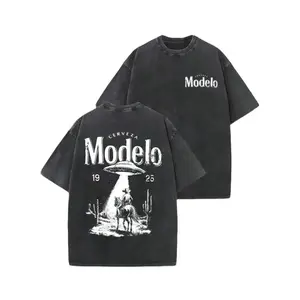 Modelo UFO Cowboy T-Shirt Vintage Wash Beer Streetwear Menswear Top Tropical Design Crewneck Unisex Fit High-Quality Cotton Classic Oversized Fit Shortsleeve