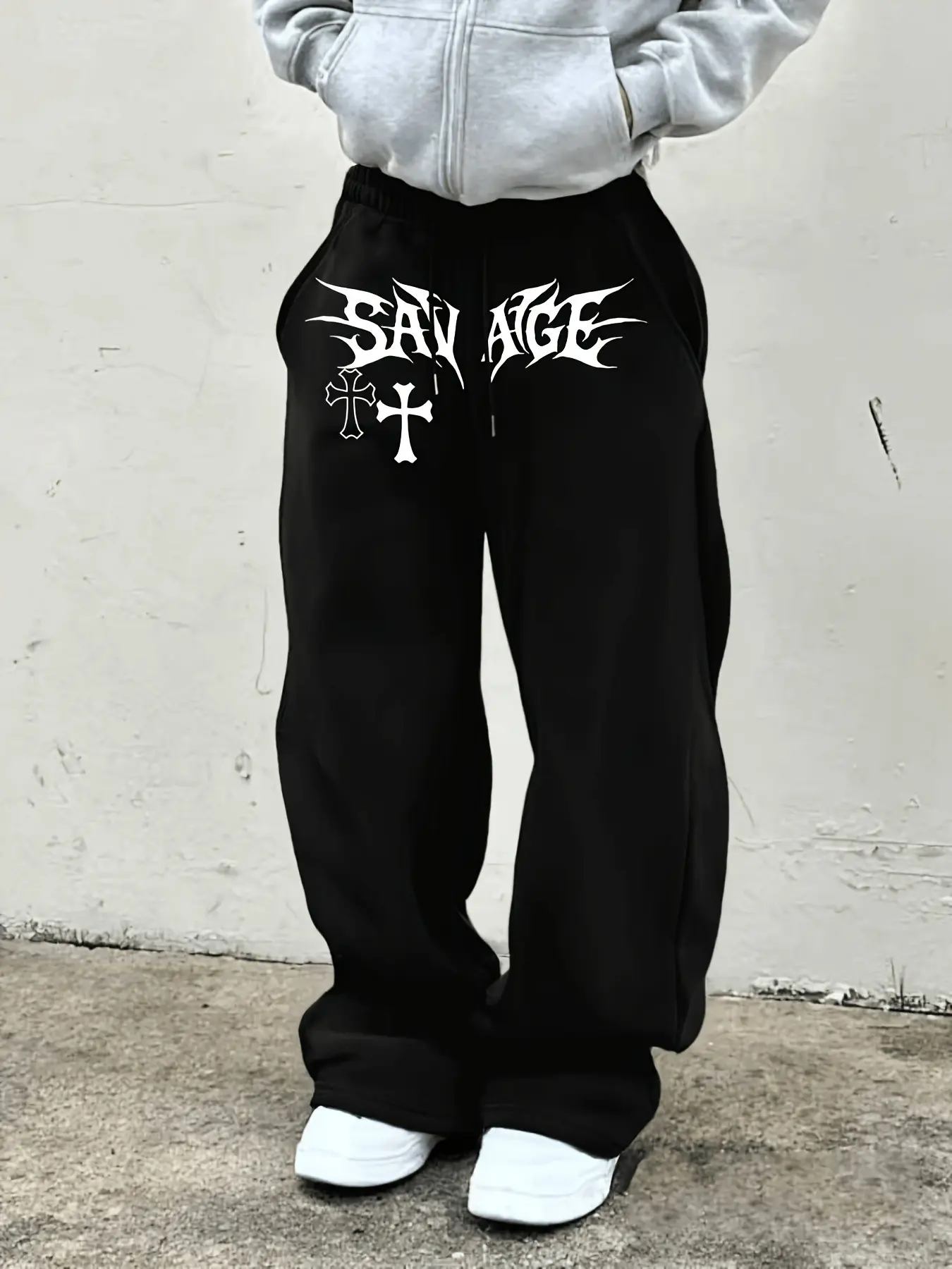 Savage Gothic Font Cross Print American Streetwear Wide Leg Sweatpants, Casual Fashion Pants Fitted Geometric Pattern Winter Trousers