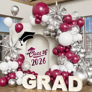 Burgundy White Silver Balloon Arch Kit, 2026 Graduation Decorations, 130Pcs Maroon White Silver Balloons with Foil Star Confetti Balloons for College High School Graduation Decorations Class of 2026
