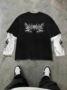 Men's Gothic Thorn Pattern Print T-Shirt, Casual Comfortable Fake Two-Piece Long Sleeve Top, Versatile Fashion Tee