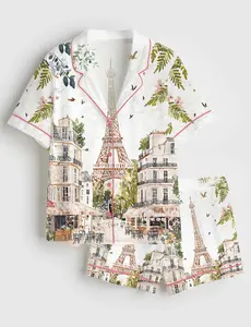 Women’s Watercolor Eiffel Tower Paris Street Scene Short Sleeve Silky Satin Pajama Set Soft Sleepwear Loungewear Gift