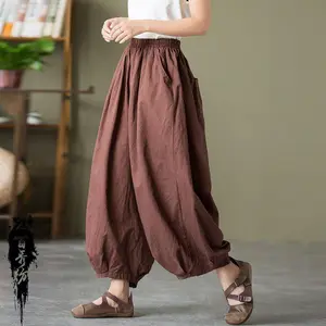 Cotton Linen Women's Sand Washed Bloomers - Loose Nine-Point Mid-Waist Trousers in Dark Coffee Color - One Size Fits Most