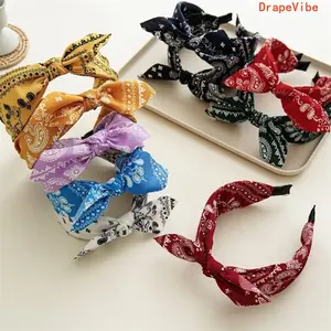 Women Simple Retro Paisley Flower Bow Rabbit Ear Wide Bright Color Fabric Headband Summer Fashion Hair Accessory