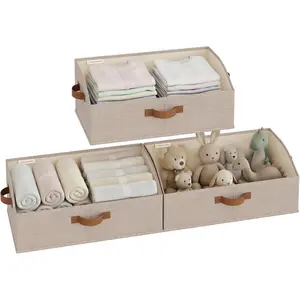 Closet Organizers and Storage, Trapezoid Storage Bins, Fabric Clothes Closet Bins, Storage Baskets for Shelves, Clothing, Toys, Towels, Large, Brown and Beige, 3-Pack