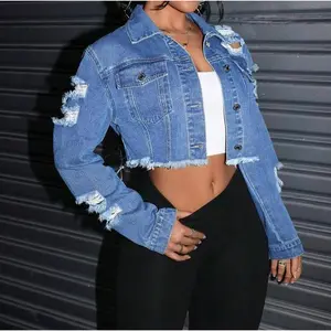 Women's Distressed Water Washed Denim Jacket, Suitable For Spring And Autumn