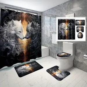 Wolf Pattern Bathroom Decorations, 4 Counts/set Including Waterproof Shower Curtain & Toilet U-shape Mat & Toilet Lid Cover & Bathroom Mat, Bathroom Decor Supplies