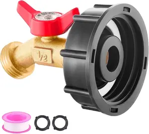 275-330 Gallon IBC Tote Tank Adapter, 2" Corase Thread with  Brass Spigot Valve (1/2" Male NPT Inlet3/4" GHT Outlet), for Garden Hose Connector