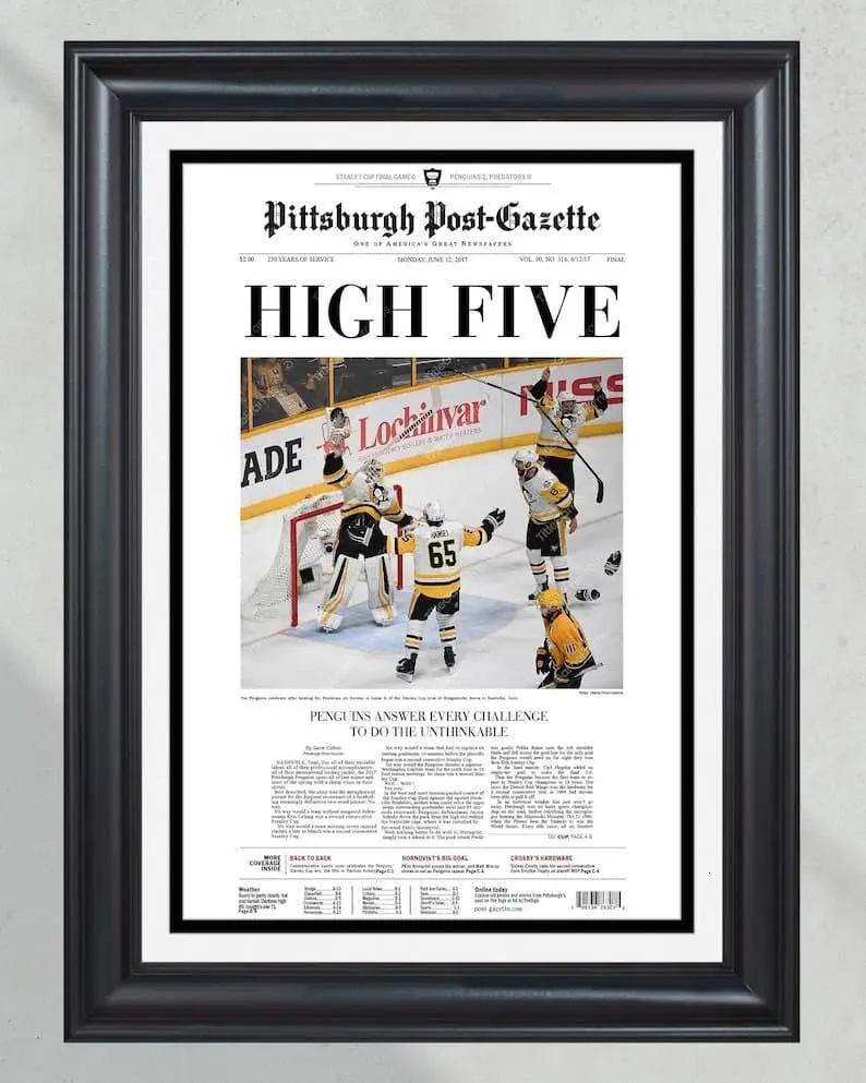 2017 Pittsburgh Penguins Stanley Cup Champions 'HIGH FIVE' Unframed Poster - Back-to-Back Title Newspaper Print - Sidney Crosby Era Hockey Art