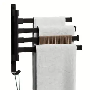 Wall Mounted Black Towel Bar with 4-Arm Bathroom Towel Rack - Swivel Towel Rack for Bathroom Organization