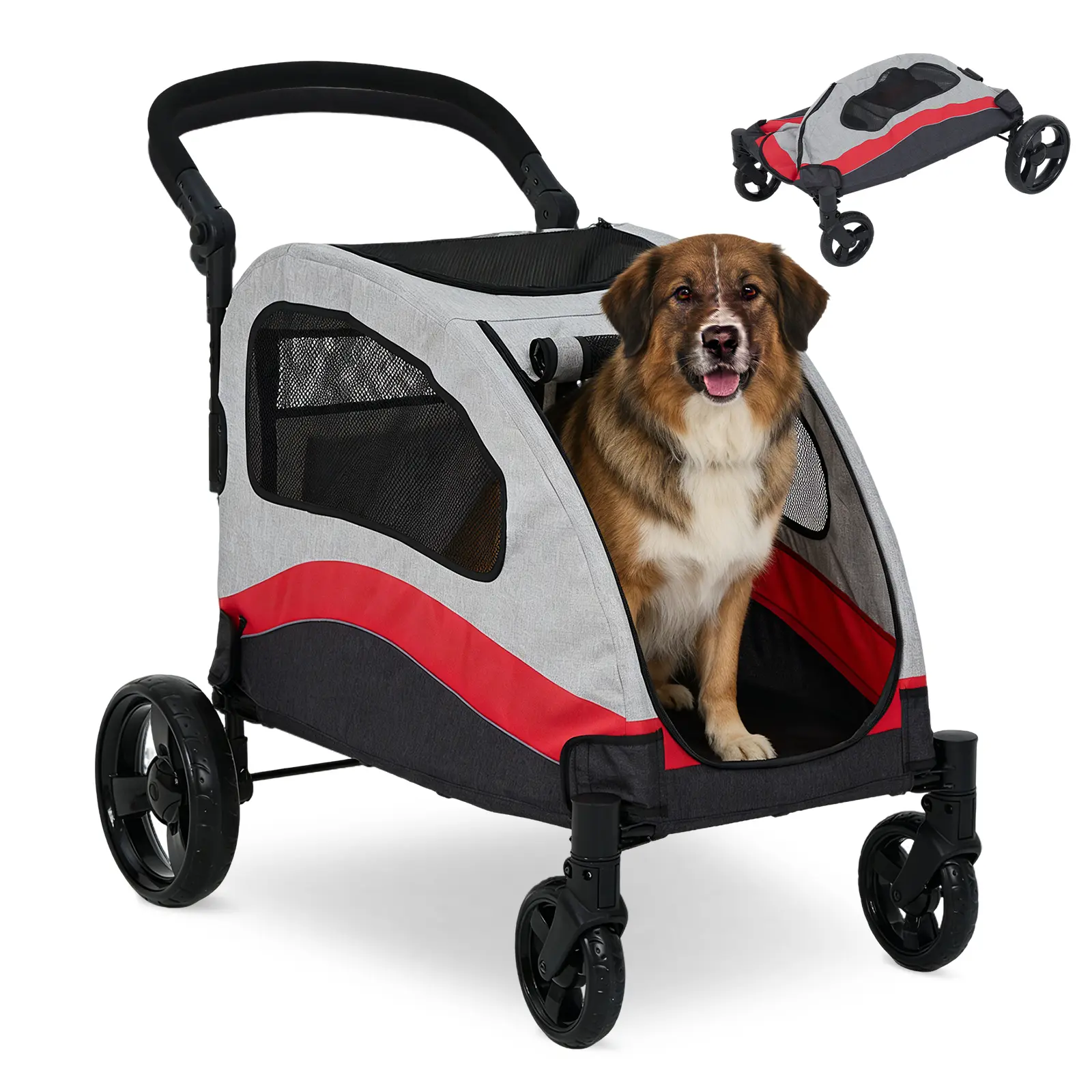Durable and Sturdy 4-Wheel Foldable Pet Stroller for Medium-Large Dogs - 300D Composite Breathable Fabric Carrier, Adjustable Handle, Storage Pocket, Multi-Door Entry, Integrated Brakes, Easy Mobility for Camping