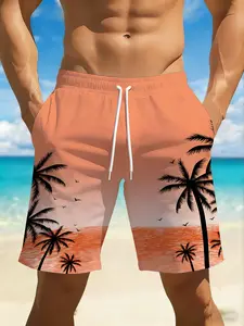 Summer Cool Fashion Hawaiian Tropical Palm Tree Gradient Print Casual Comfortable Shorts, Loose Fit, Drawstring Waist, Beachwear, Swimming Shorts, Swimwear Shorts, Swim Bottoms