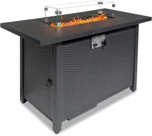 Fire Pit, 43 "Gas Firepit Table, 50,000 BTU Outdoor Propane Fire Pit, Rattan-Like Metal Plate, Spliced Metal Tabletop, Lava Rock, Rain Cover, Winds for Patio Garden or Thanksgiving - Black