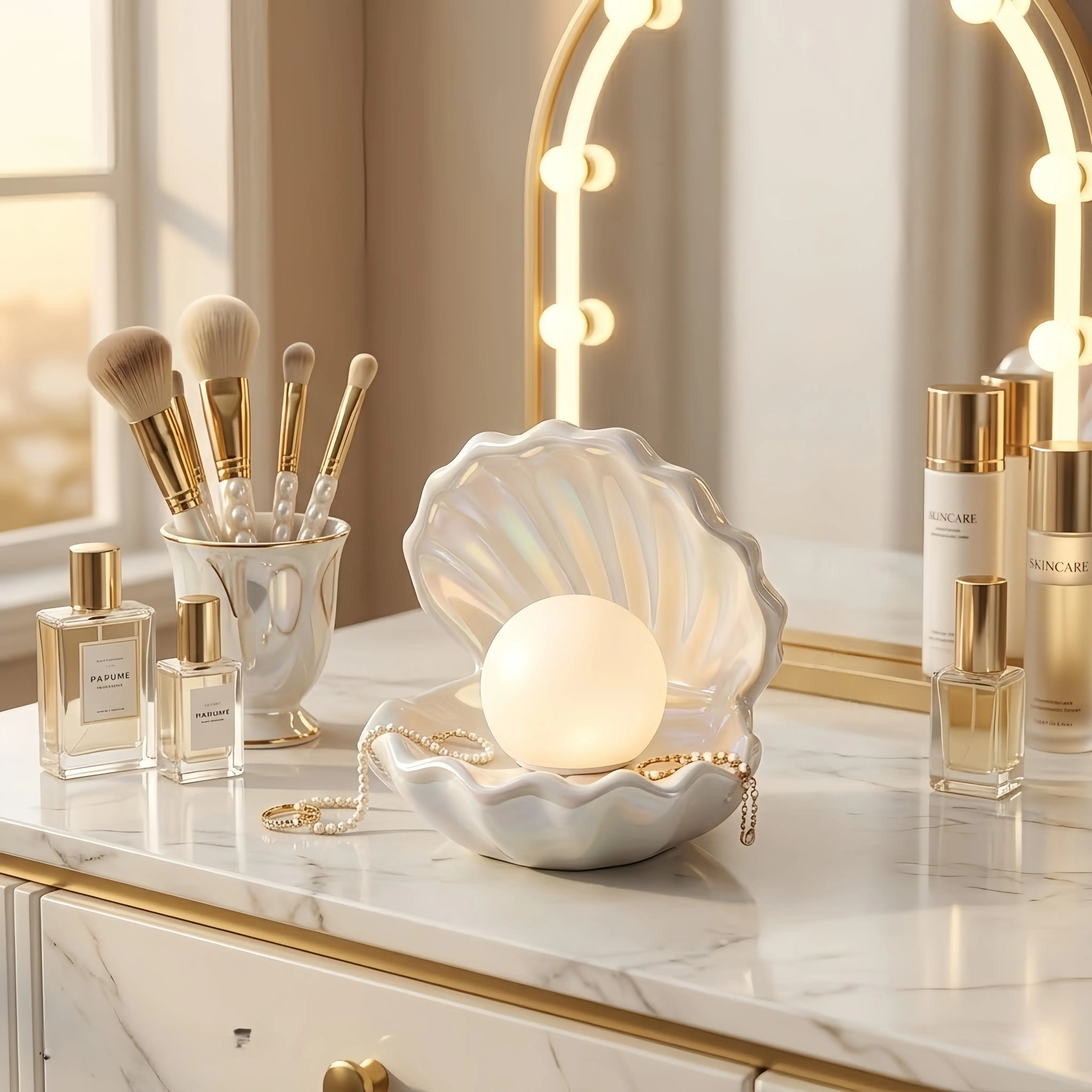 Ceramic Shell Pearl LED Night Light Jewelry Holder - Room Accessories, Clam Shell Lamp with Pearl Glow, Elegant Functional Decorative Ring Necklace Organizer Tray for Bedroom Vanity