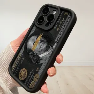 Luxury Black 100 Dollar Bill Print Phone Case for iPhone 15/14/13 Pro Max - Protective Shockproof Cover with Gold Accent Trendy Hip Hop Style