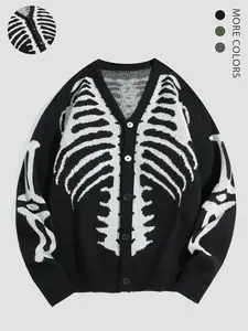 Halloween Outfit Ideas, Men's Halloween Skeleton Print Button Front Cardigan, Regular Fit Fitted Casual Drop Shoulder Long Sleeve V Neck Knitwear for Fall & Winter, Men's Graphics Knit Clothing Knitted Clothes for Daily Wear, Halloween Costumes
