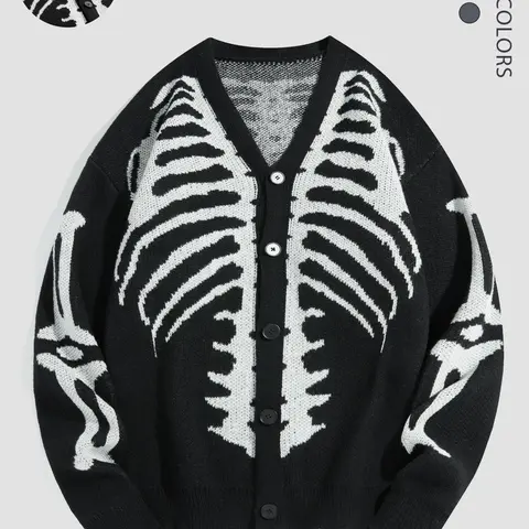 【Black Friday】Men's Halloween Skeleton-Pattern Button-Front Cardigan, Regular Fit, Drop Shoulders, Long Sleeves, and V-Neck, Casual Everyday Knitwear Top for Fall and Winter