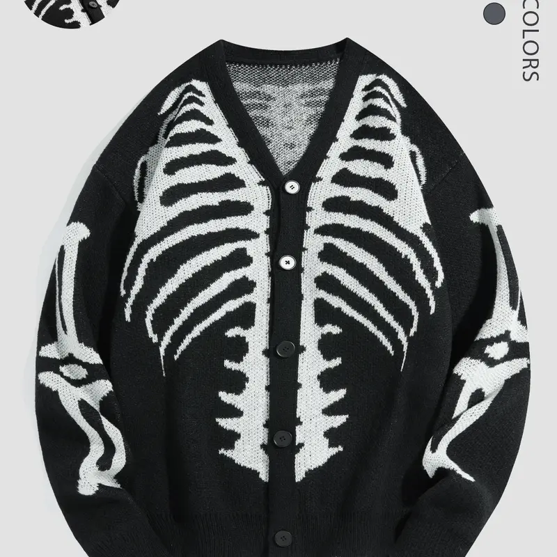 【Black Friday】Men's Halloween Skeleton-Pattern Button-Front Cardigan, Regular Fit, Drop Shoulders, Long Sleeves, and V-Neck, Casual Everyday Knitwear Top for Fall and Winter