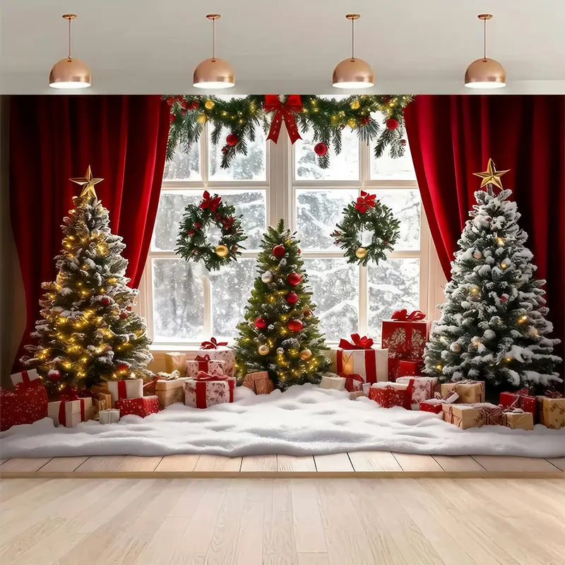 Christmas Window Snow Scene Polyester Backdrop Banner, Cozy Holiday Photo & Business Event Decor, Lightweight Vibrant Easy-Install Multipurpose Home Festive Supply