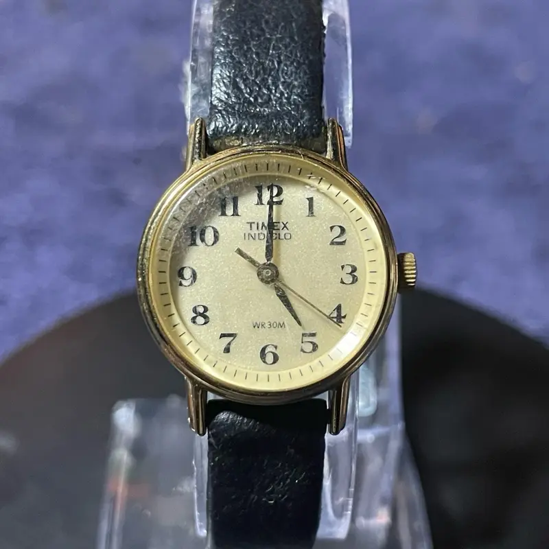 Women's Timex Indiglo Vintage Gold Tone Black Leather Strap Watch