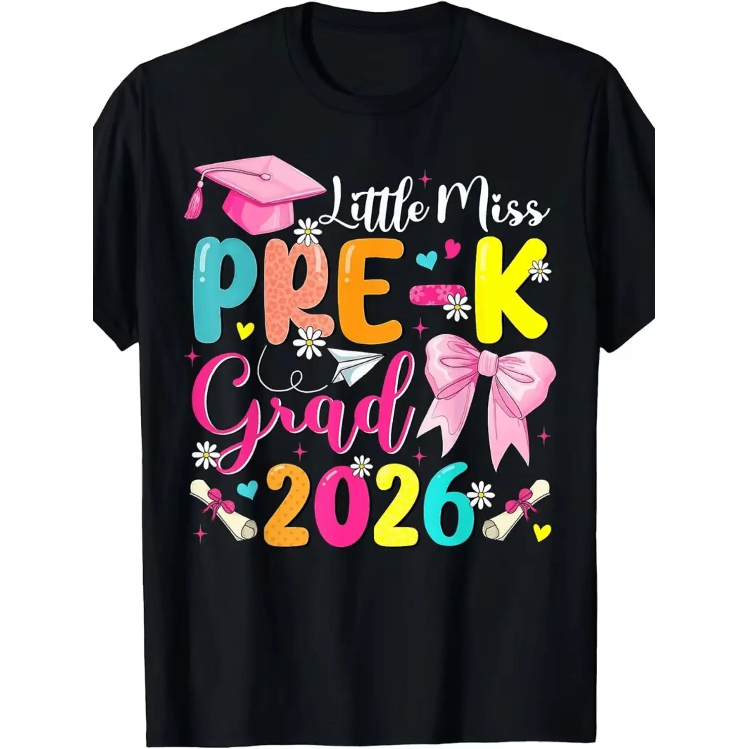 Little Miss Pre-K Grad 2026 Preschool Graduation Kids Girls T-Shirt | Pure, Casual Style, Crew Neck, Short Sleeve, Geometric Pattern, Size 120-160