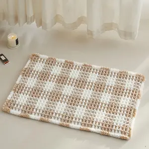Waffle Bath Mat Boho Bathroom Rugs Non Slip Washable Absorbent Checkered Bathroom Mat Quick Dry Farmhouse Bathroom Decor 24x16 Khaki and White