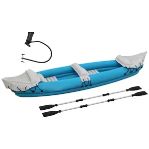 2 Person Inflatable Kayak – Blue. Includes Paddles, Aluminum Oars, Repair Kit & Pump. Portable Tandem Blow Up Boat. 400 lbs Capacity