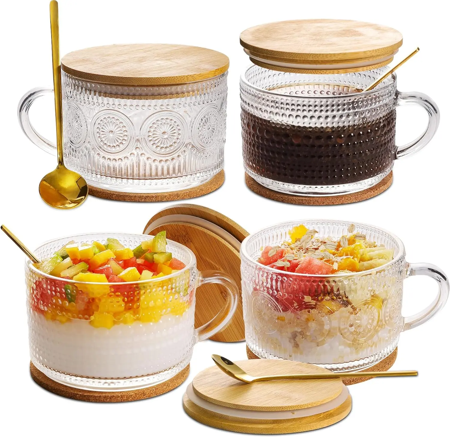 [New Deal] 4 PCS-14oz Vintage Coffee Mugs Glassware Set , Leak Proof Overnight Oats Containers with Bamboo Lids & Spoons,  Drinkware Cup Espresso Cups, Modern