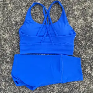 Women's Soft Gym Yoga Set with Cycling Short Legging 2pc Cross Sport Bra Tracksuit for Comprehensive Training Jog Athletic Sporty Breathable Outfits Casual Workout Loungewear Summer Sportswear