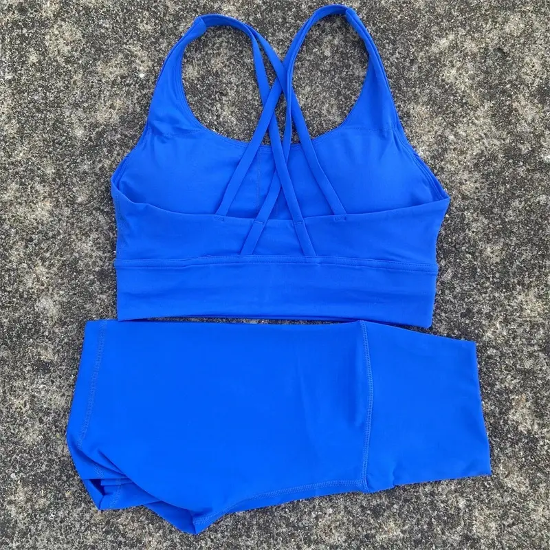Women's Soft Gym Yoga Set with Cycling Short Legging 2pc Cross Sport Bra Tracksuit for Comprehensive Training Jog Athletic Sporty Breathable Outfits Casual Workout Loungewear Summer Sportswear
