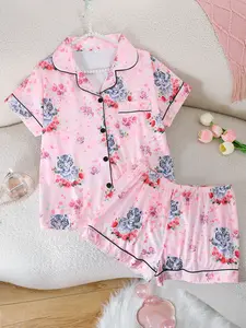 Women's 2-Piece Pajama Set, Collared Short Sleeve Top and Elastic Shorts, Cartoon Tiger All over Print, Comfortable Home Wear