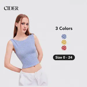 Cider [3 colors, size 0-24] Boat Neck Gingham Bowknot Backless Crop Tank Top, Boat Neck Summer Women's Tank Top for Date Vacation, High Stretch Cute Crop Tank Top