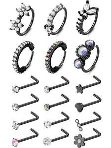 18PCS 20G Nose Rings for Women Men Stainless Steel Nose Rings Hoops L Shape Nose Rings Studs Heart CZ 8mm Cartilage Hoop Flower Star Nose Piercing Jewelry Body Piercing Jewelry