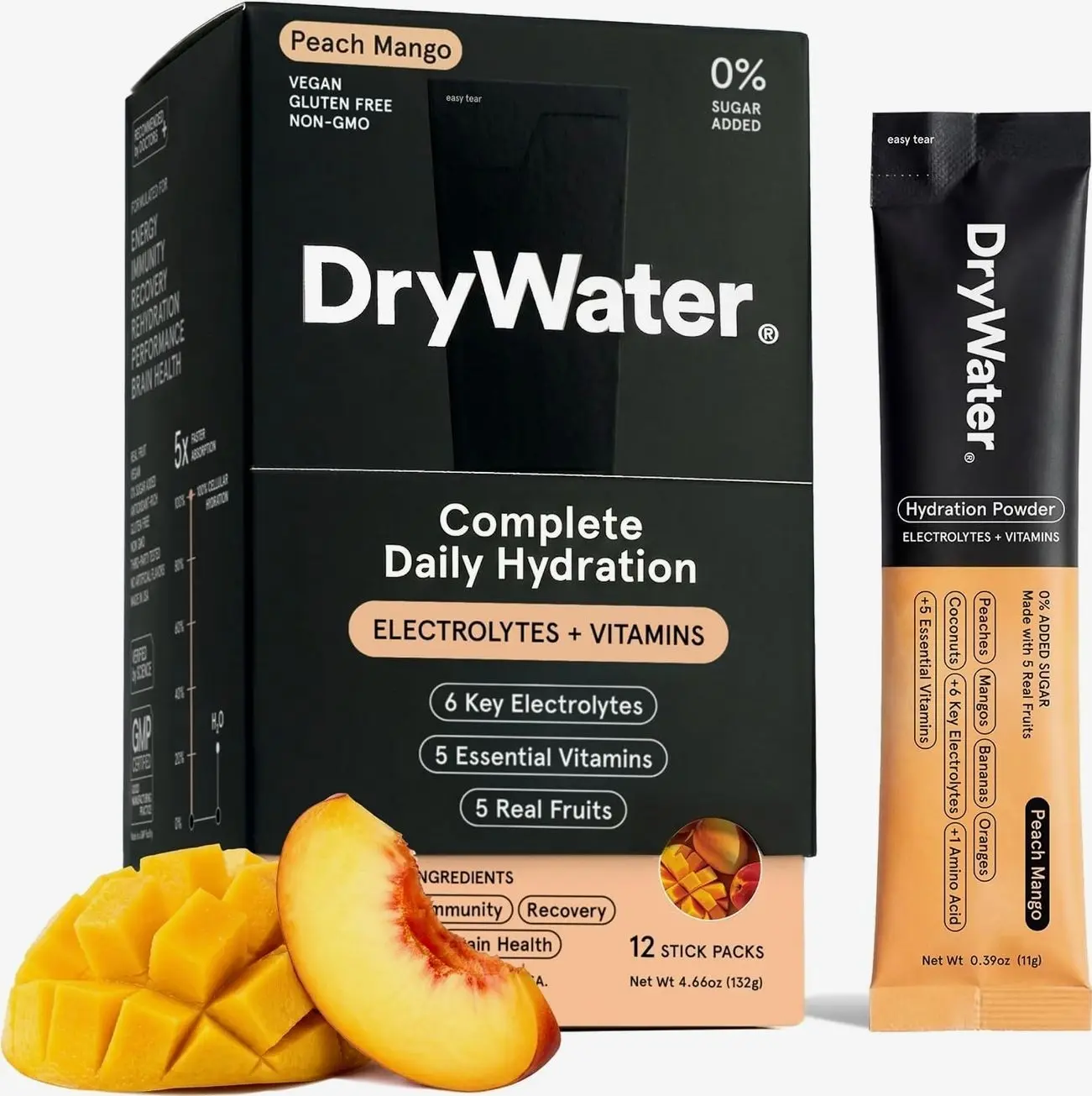 DryWater® Electrolyte + Vitamin Hydration Powder Packets – Peach Mango, 1,000mg Potassium, Real Organic Fruit, NSF Certified for Sport, Nothing Artificial, No Added Sugar (12 Stick Packs)