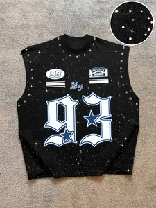 Men's American Street Style Sleeveless Streetwear Tank Top Vest with 93 Number Graphic Print and Silver Color Design, Stylish Casual Loose Fit for Sports and Athletic Daily Wear