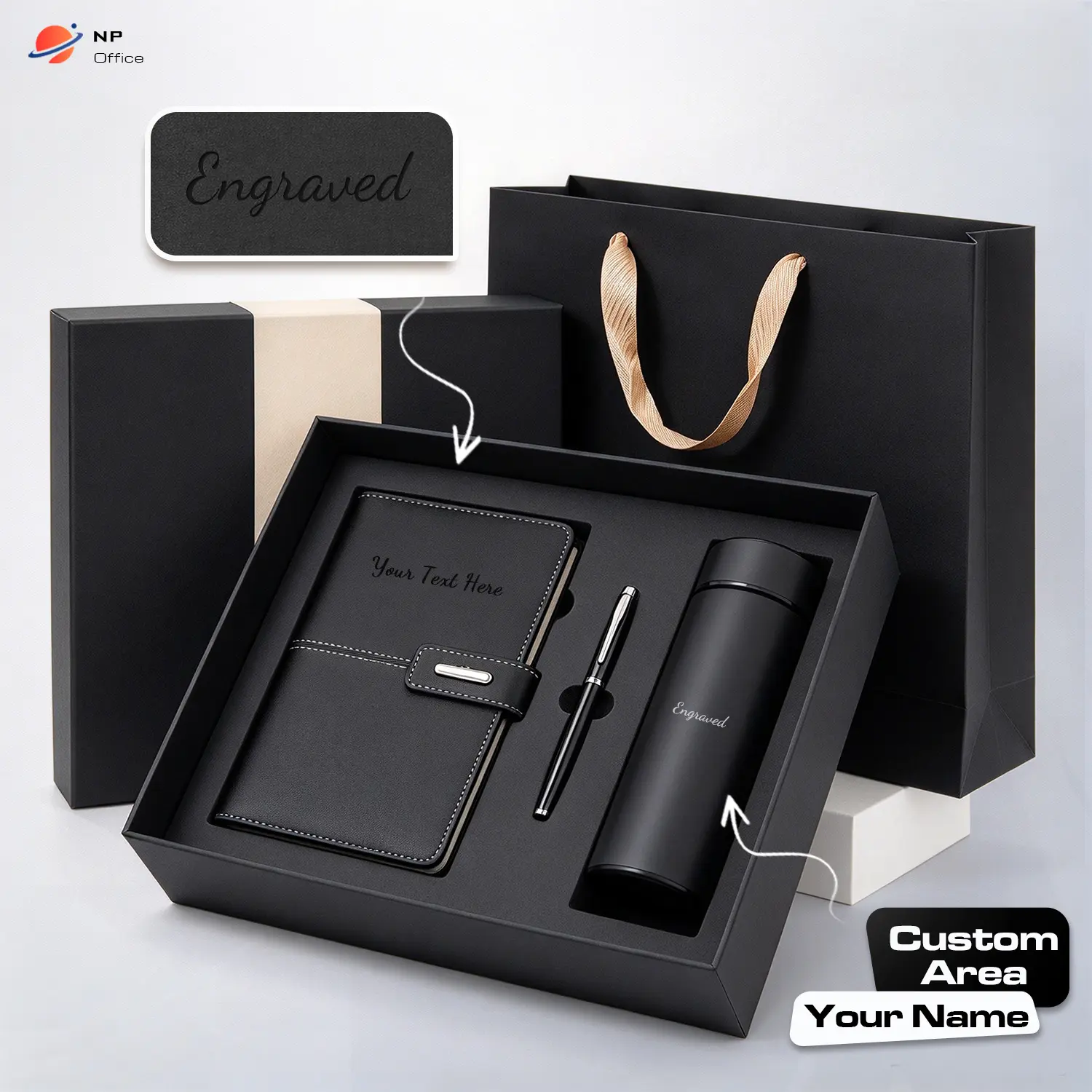 Custom Engraved Notebook Gift Set – Personalized PU Leather Journal with Tumbler, Pen & Gift Bag, Gift for Men & Women