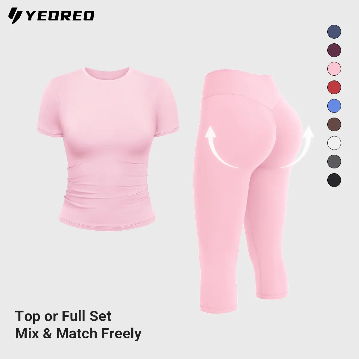 YEOREO Women's Sport Set Body-Shaping Scrunch Capri Leggings & Double Lined Crop Top High-Waisted No Front Seam Workout Outfit summerwins travel essentials camping essentials