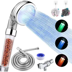 LED Shower Head with Handheld, High Pressure Shower Head with Hose, Holder & PTFE Tape, 3 Water Temperature-Controlled Water Saving Filtered Shower Head for Dry Hair & Skin