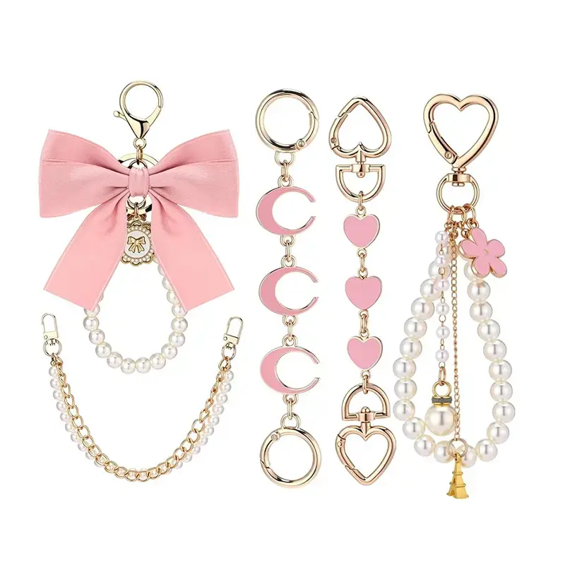 5-Piece Set: Bag Extender Chain, Gold Pearl Bag Chain, Ribbon Bow Keychain, Bag Extension Strap, Handbag Charm Accessories, Trendy Bag Charms, Fashion Bag Charms, Cute Bag Charms