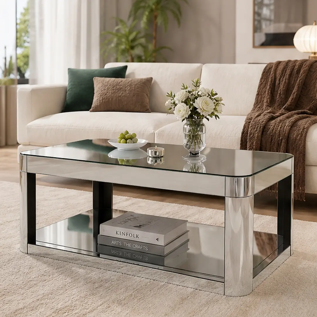 Modern Rectangular Glass Long Coffee Table - Metallic Silver Mirrored Center Table for Living Room, Glossy MDF Frame, Open Storage, MDF+Glass Material, 39.4x23.6x17.7in, Premium Easy-Assembly Indoor Furniture, Long Coffee Tables, Metallic Coffee Tables