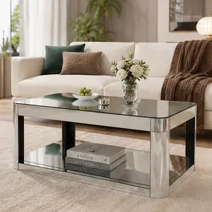 ARCH Modern Rectangular Glass Coffee Table for Living Room, Silver Mirrored Center Table with Open Storage, Glossy MDF Frame, 39.4x23.6x17.7 in, Premium Furniture for Dining Room, Easy Assembly, Silver Color Options, MDF+glass Material