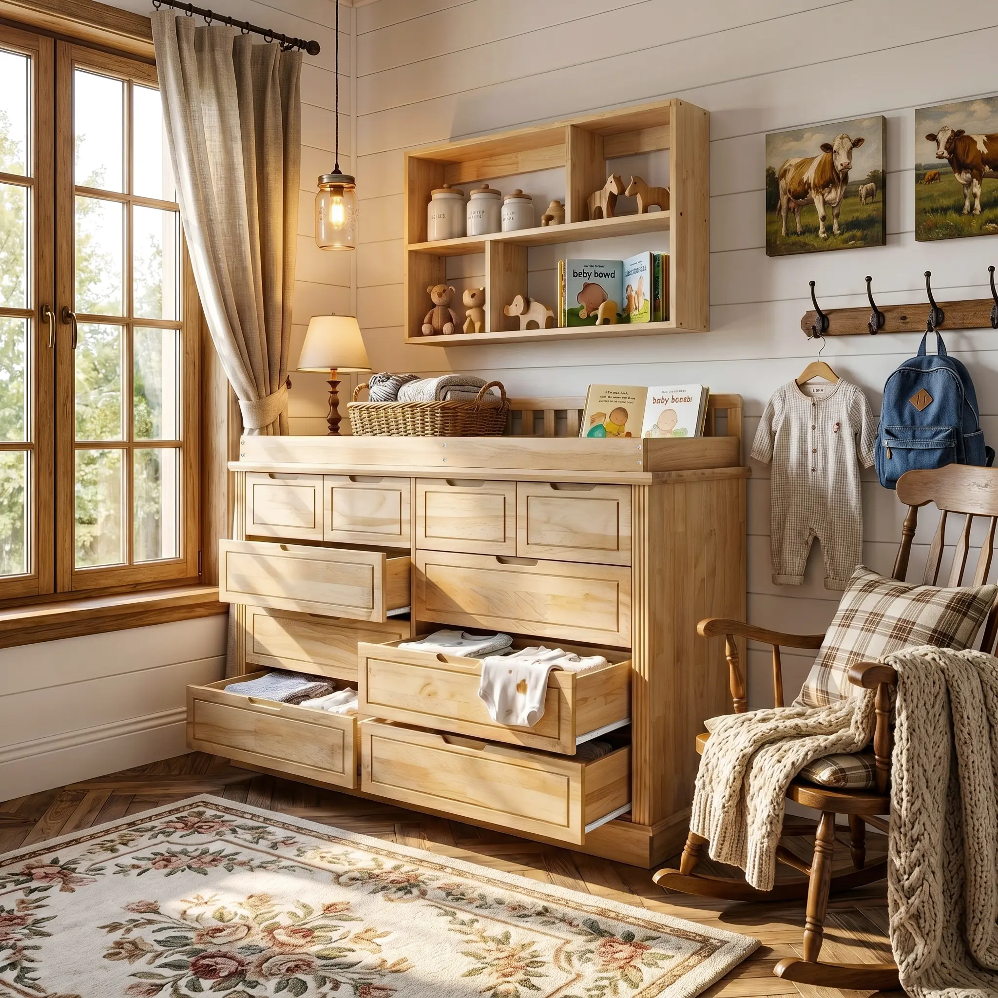 55.1" Wide Natural Wood 8-Drawer Dresser with Changing Table Topper, Baby Nursery Storage Chest with Recessed Safety Handles